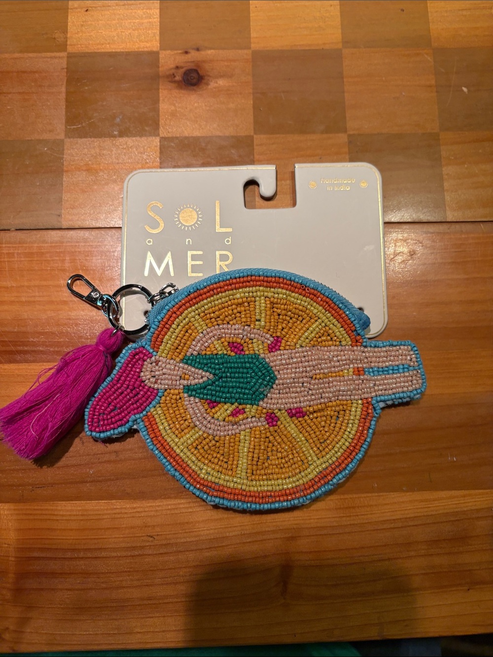 Beaded Citrus Spoon Key & Card Holder with Pink Tassel